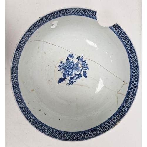 113 - Chinese porcelain blue and white bowl, late 18th century, printed and painted with huts on islands, ... 