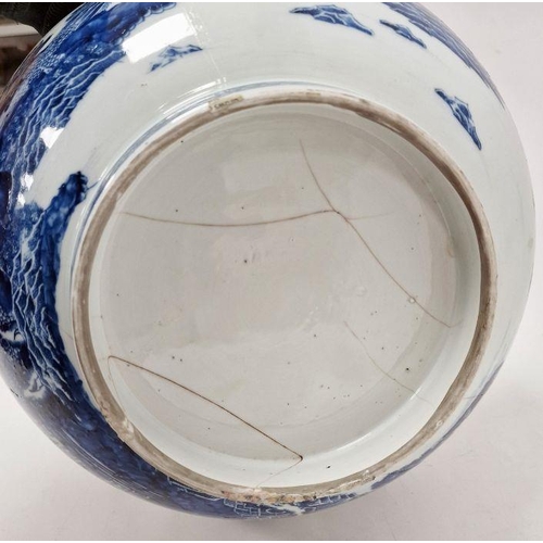 113 - Chinese porcelain blue and white bowl, late 18th century, printed and painted with huts on islands, ... 