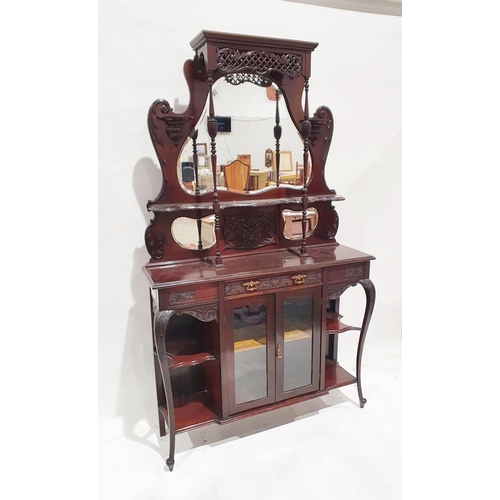 1134 - Edwardian mahogany mirror-backed sideboard with scroll shaped shelf flanked by baluster supports and... 