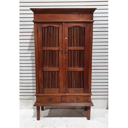 1135 - Chinese Ming style slatted wooden cabinet, the slatted doors revealing two shelves above two short d... 