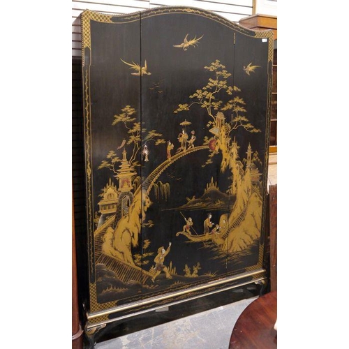 1149 - Early to mid 20th century Chinese style black lacquered wardrobe, the shaped front decorated with fi... 