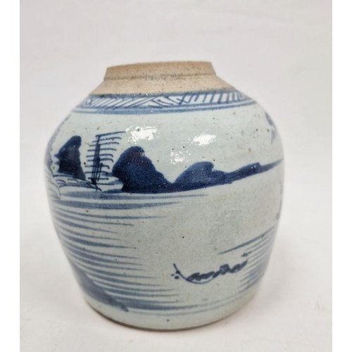 115 - Chinese 19th century blue and white ginger jar, painted with huts on islands and figure fishing, in ... 