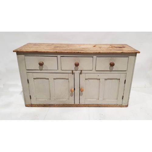 1184 - Painted pine kitchen sideboard, the stripped plank top above three drawers and two panelled cupboard... 