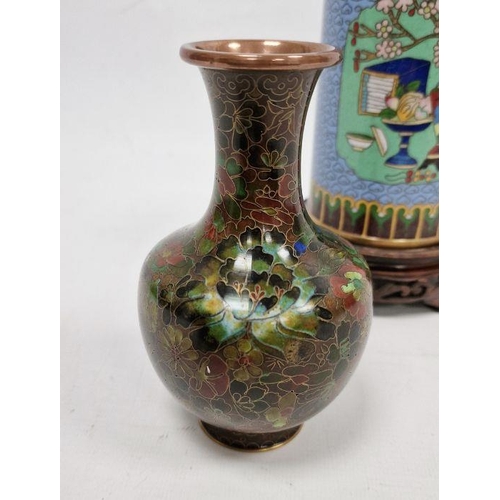 120 - Chinese cloisonne enamel cylindrical vase, 20th century, decorated with a vase of flowers, a tazza o... 