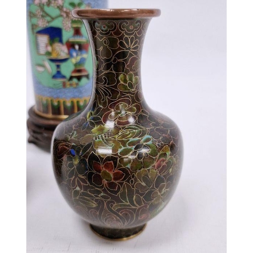 120 - Chinese cloisonne enamel cylindrical vase, 20th century, decorated with a vase of flowers, a tazza o... 