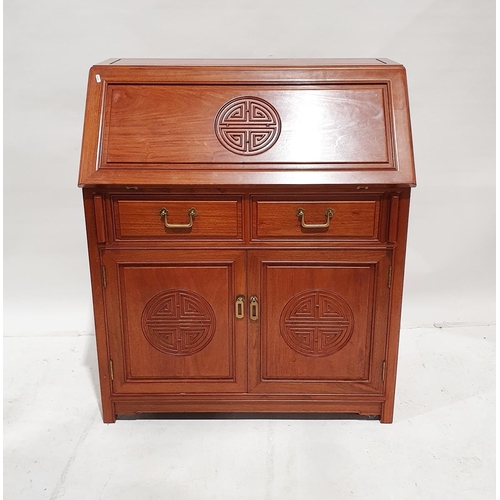 1201 - Chinese rosewood bureau with fall front, fitted interior of two short drawers and cupboard below, wi... 