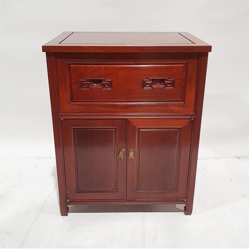 1215 - Chinese rosewood side cabinet having fall front with incised scroll carved handles, cupboard below e... 