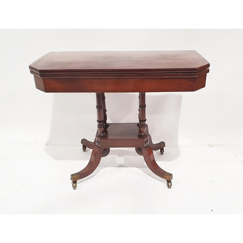 1226 - Early 19th century inlaid mahogany foldover top card table, square with canted corners, the swivel a... 