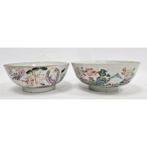 123 - Two Chinese famille rose punchbowls, the first Qianlong, painted with figures in conversation in int... 