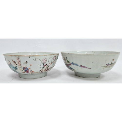 123 - Two Chinese famille rose punchbowls, the first Qianlong, painted with figures in conversation in int... 