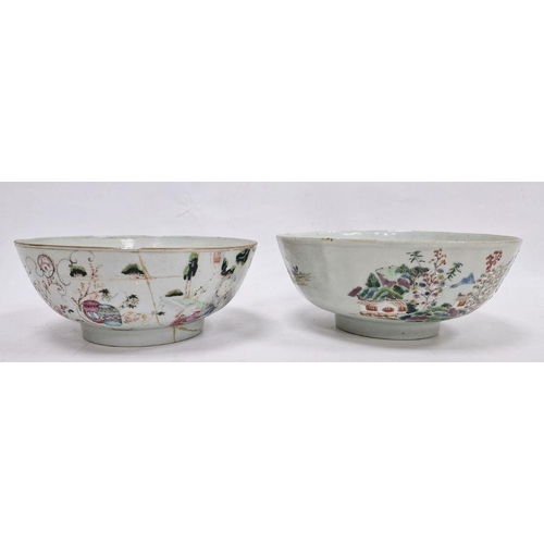 123 - Two Chinese famille rose punchbowls, the first Qianlong, painted with figures in conversation in int... 