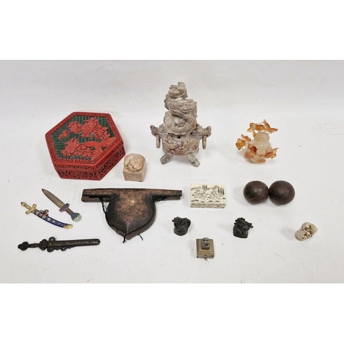 129 - Chinese cinnabar lacquer hexagonal box and cover, a carved agate vase and cover, a dog of Fo soapsto... 