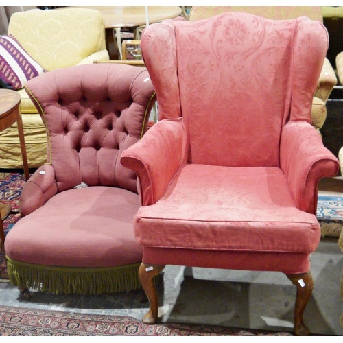 1297 - 20th century Parker Knoll wing armchair with red upholstered seat and a button back nursing chair (2... 