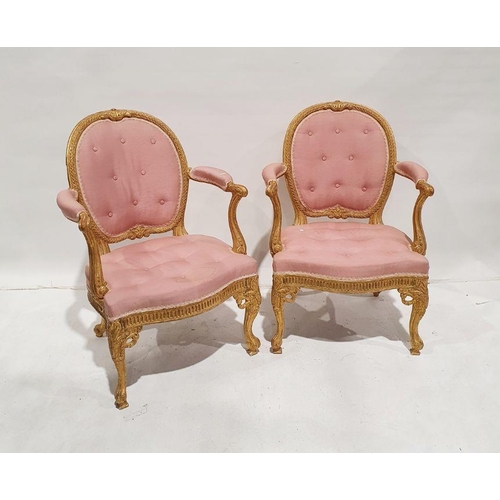 1308 - Pair of 19th century Adam-style gilt salon chairs, with folidate scroll and guilloche floral button ... 