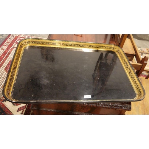 1319 - 19th century black lacquered rectangular tray with gilt border, 71cm x 50cm (damage to one corner)