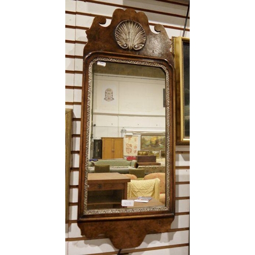 1327B - Georgian-style walnut wall mirror with shell design, 25cm x 30cm