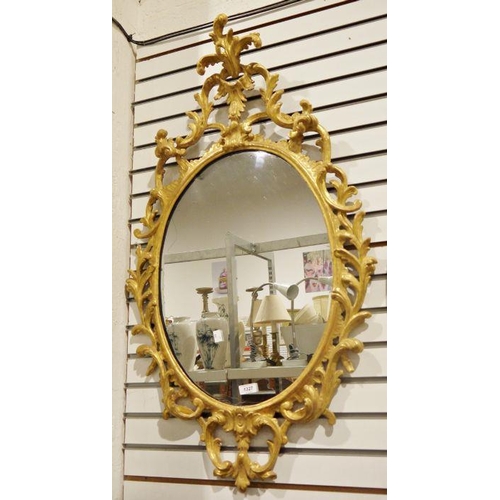 1327 - Nineteenth century oval mirror, the carved and pierced frame in the rococo manner, 56cm x 101cm