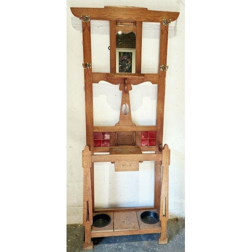 1329 - 20th century Arts & Crafts style oak hallstand with central mirror and umbrella / stick stands, h. 1... 