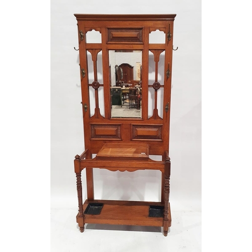 1329 - 20th century Arts & Crafts style oak hallstand with central mirror and umbrella / stick stands, h. 1... 