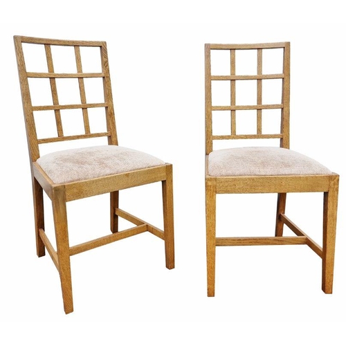 1334 - Owen Scrubey Cotswold School Arts & Crafts dining table and chairs viz:- set of six oak square trell... 