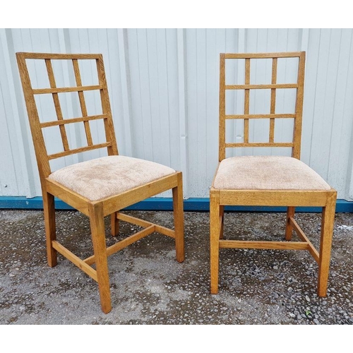 1334 - Owen Scrubey Cotswold School Arts & Crafts dining table and chairs viz:- set of six oak square trell... 