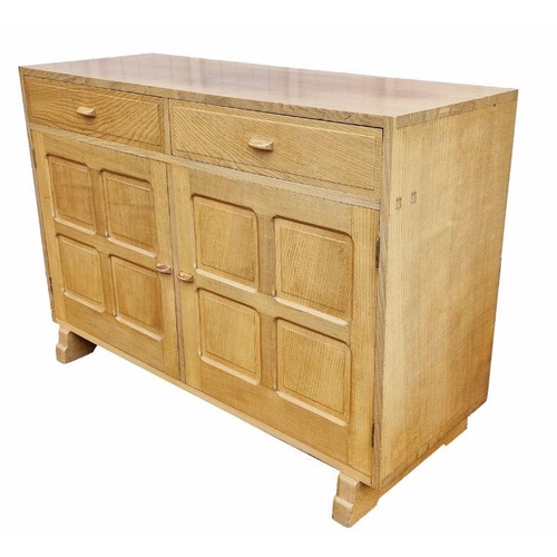 1340 - Owen Scrubey, Cotswold School Arts & Crafts oak sideboard, the top with visible dovetails, the two f... 