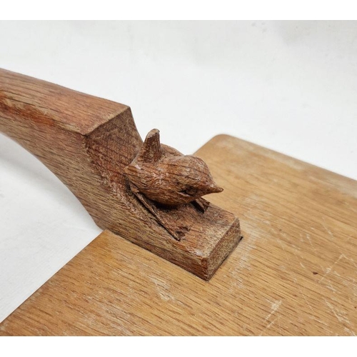 152 - Bob Hunter 'Wren Man' oak cheeseboard of rectangular form, the handle carved with a wren, 40cm long