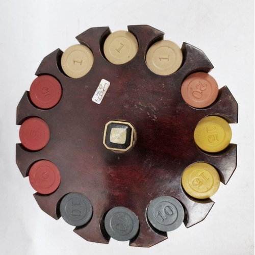 160 - Vintage wooden poker chip carousel, mid century and a collection of red, black, yellow, buff and ter... 