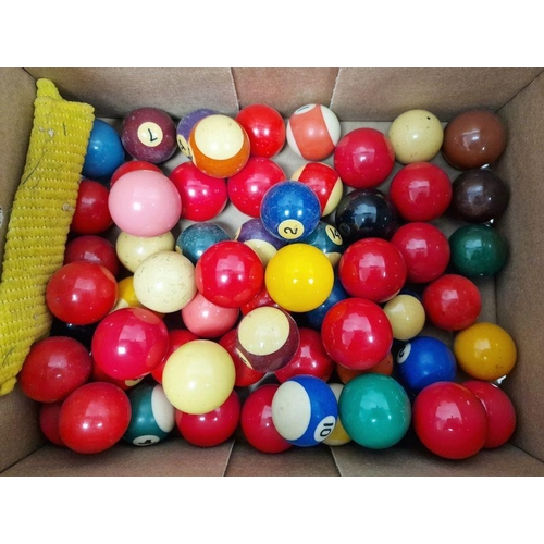 169 - 51 pool and snooker balls , frames, chalks etc ( box)