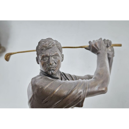 172 - Resin model of a golfer in full swing, 22 cms high, and curious lead, lidded pot, with repousse deco... 