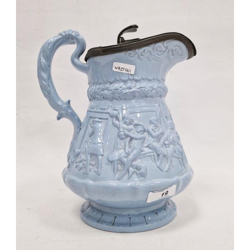 19 - Ridgway & Co relief moulded stoneware blue glazed pewter-mounted jug, circa 1835, impressed, publish... 