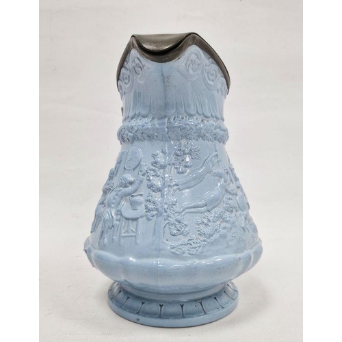 19 - Ridgway & Co relief moulded stoneware blue glazed pewter-mounted jug, circa 1835, impressed, publish... 