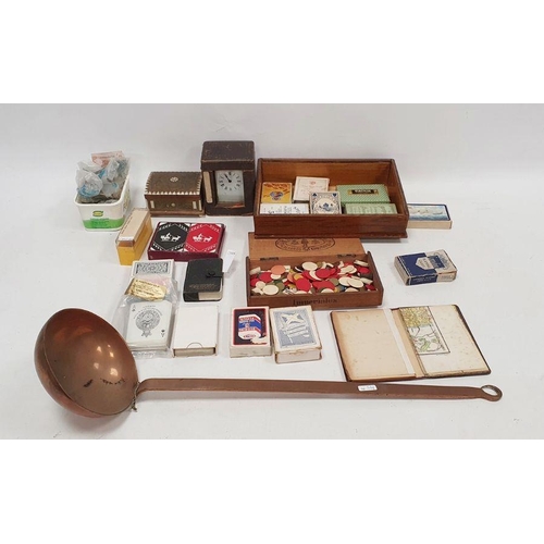 195 - Large copper ladle, Paris commode transport map, various card games and other collectables (1 box)