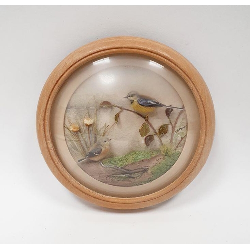 205 - H E Harvey, RMS 'Nature Study', feather, leaf and painted applique picture of two birds on branches,... 