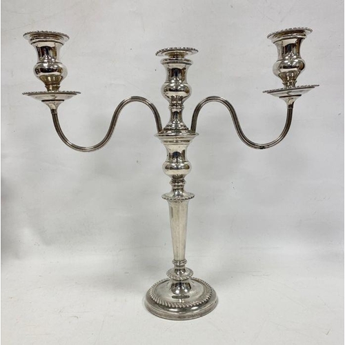 226 - Pair of silver plated and weighted three-branch candelabra on circular bases (2)