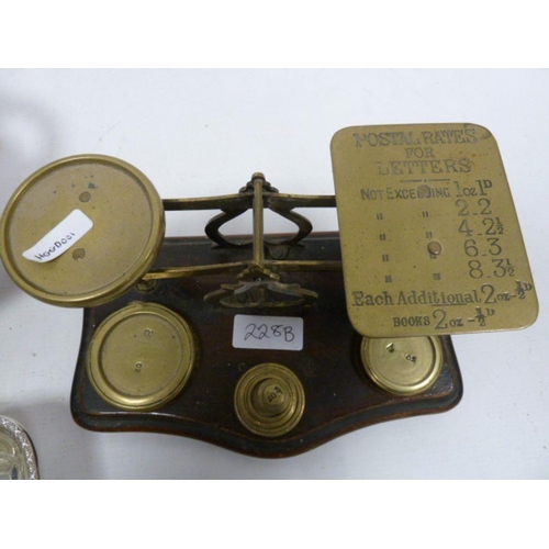 228B - Postal scales with weights, a Walker & Hall silver plated teaspoon, loose flatware  etc