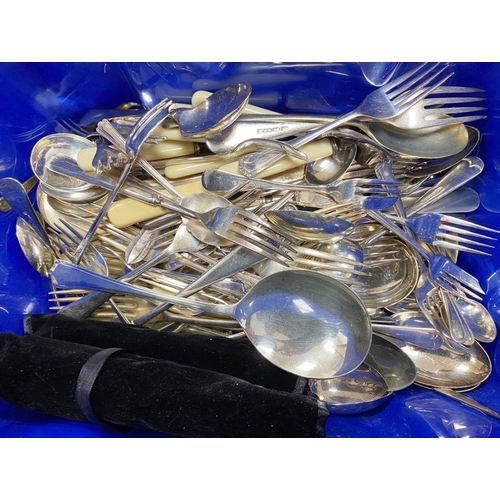 228 - Silver plated two-handled tray, a circular salver, plated flatware, etc