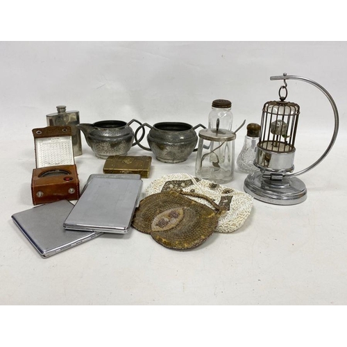 229 - Pewter milk jug and two-handled sugar bowl, silver plated cigarette cases, beaded purses, silver lid... 