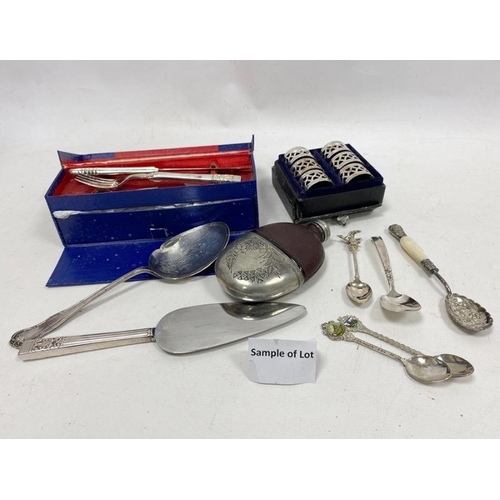 230 - Large quantity of plated flatware, community plates, souvenir spoons, EPNS napkin rings, etc (1 box)