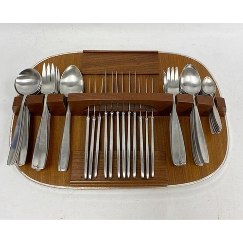 237 - Elkington stainless steel flatware on a teak fitted mount