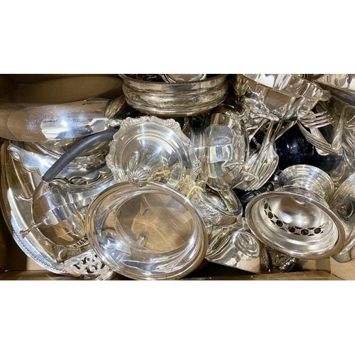 239 - Quantity of silver plate to include teapot, coffee pot, loose flatware, milk jugs (1 box)