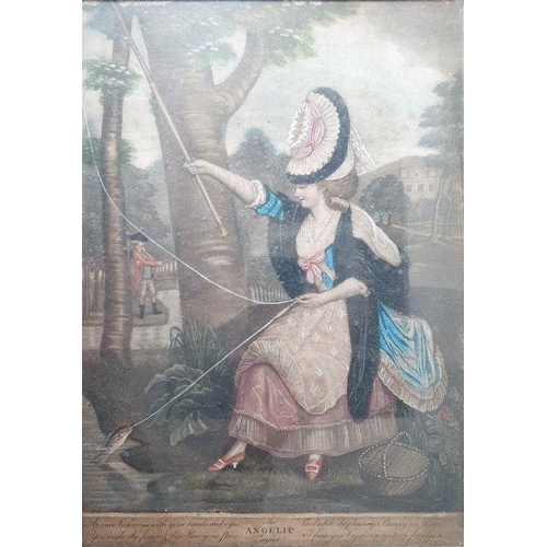 297A - Three 18th century hand-coloured prints entitled 'The Lovers', 'A Visit to the Camp' and 'The Angeli... 