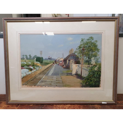 310 - Norman Elford (1931-2007)
  Acrylic and gouache
 Study of a station with train approaching and figur... 