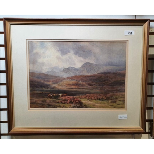 325 - Charles James Adams (19th/20th century) 
 Watercolour
 Moorland scene with cattle in foreground, mou... 