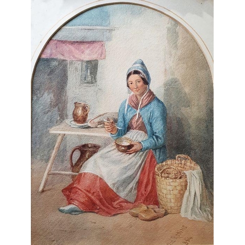 326 - Delia Robins (19th century school)
 Watercolour 
 Woman seated by the shore knitting, signed and dat... 