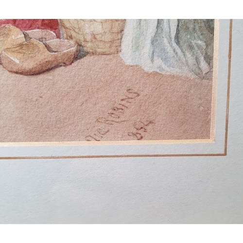 326 - Delia Robins (19th century school)
 Watercolour 
 Woman seated by the shore knitting, signed and dat... 