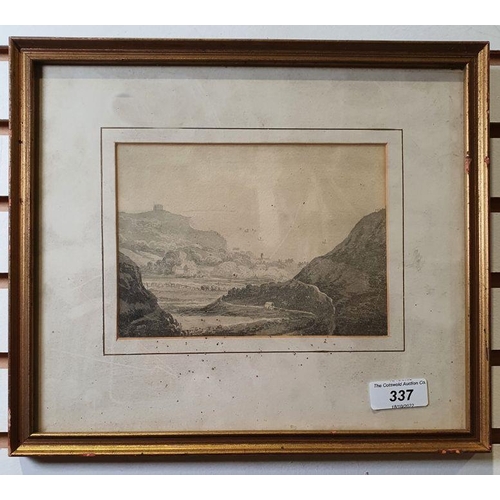 337 - 19th century school
  Watercolour en grisaille 
 Mountainous landscape with valley and a town in the... 