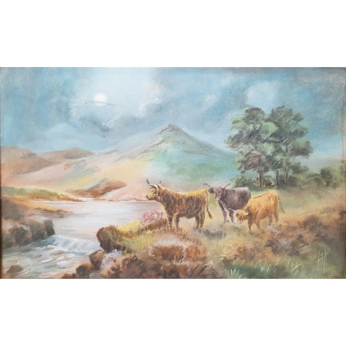 345B - H J (20th century school) 
 Pastel
 Highland scene with cattle beside a river, initialled lower righ... 