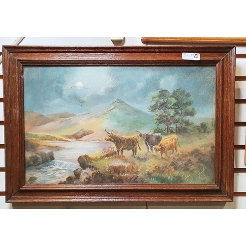 345B - H J (20th century school) 
 Pastel
 Highland scene with cattle beside a river, initialled lower righ... 