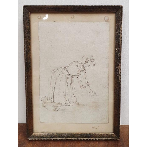 346 - Bartolomeo Pinelli (Italian, 1781-1835)
 Pencil and ink
 Study of a woman washing clothes, signed on... 